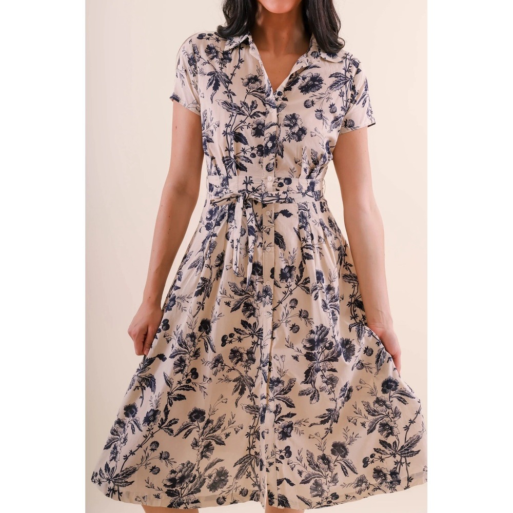 Aakaa Floral Midi Dress Beige Navy Button Front / Women's Small